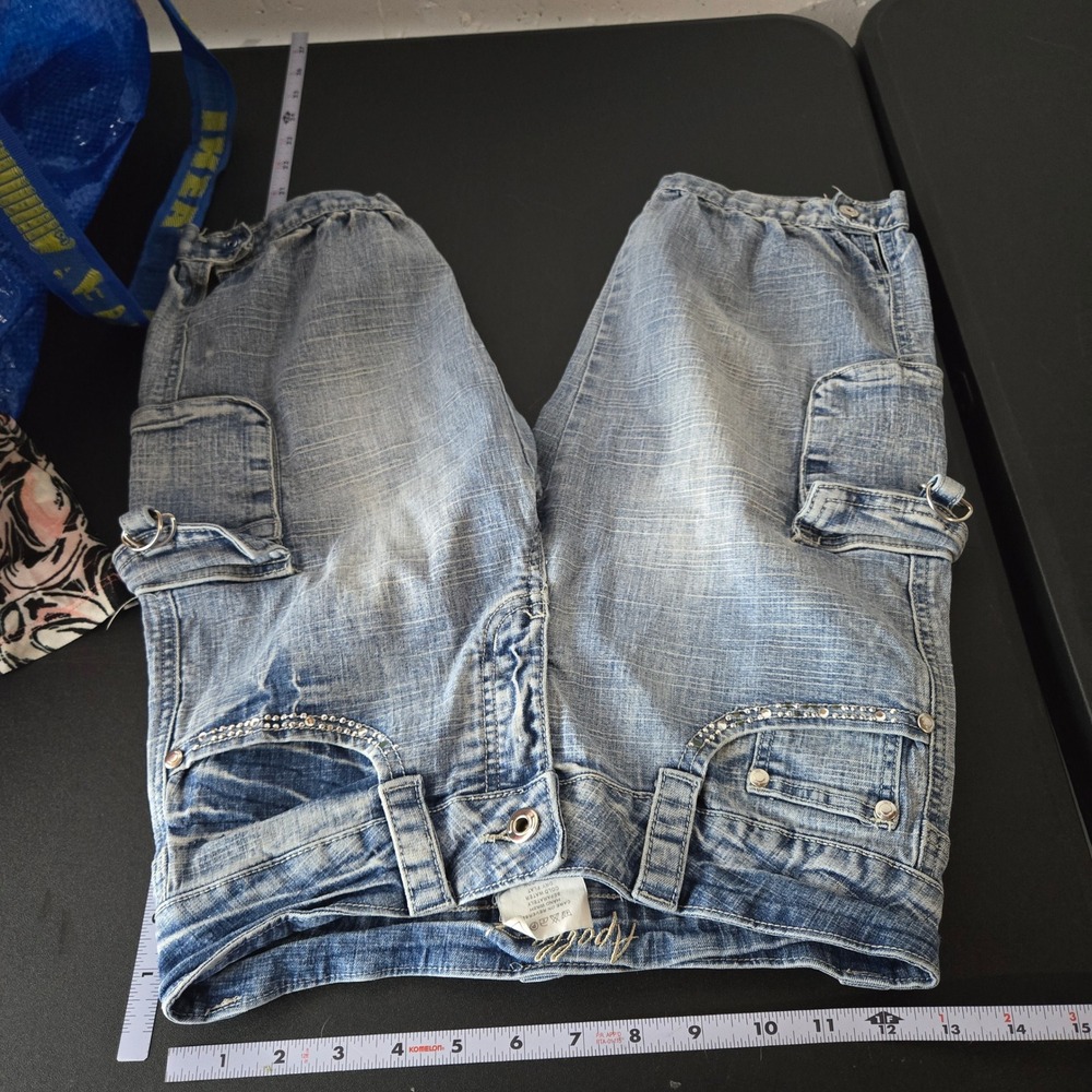 Apollo Rhinestone Cargo Bermudas Denim Jeans 5/6 Y2K Low Rise Cyber McBling Gorp - Picture 8 of 11